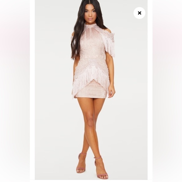 DUSTY PINK COLD SHOULDER LACE TASSEL TRIM BODYCON DRESS Sz US 4 - Picture 3 of 12